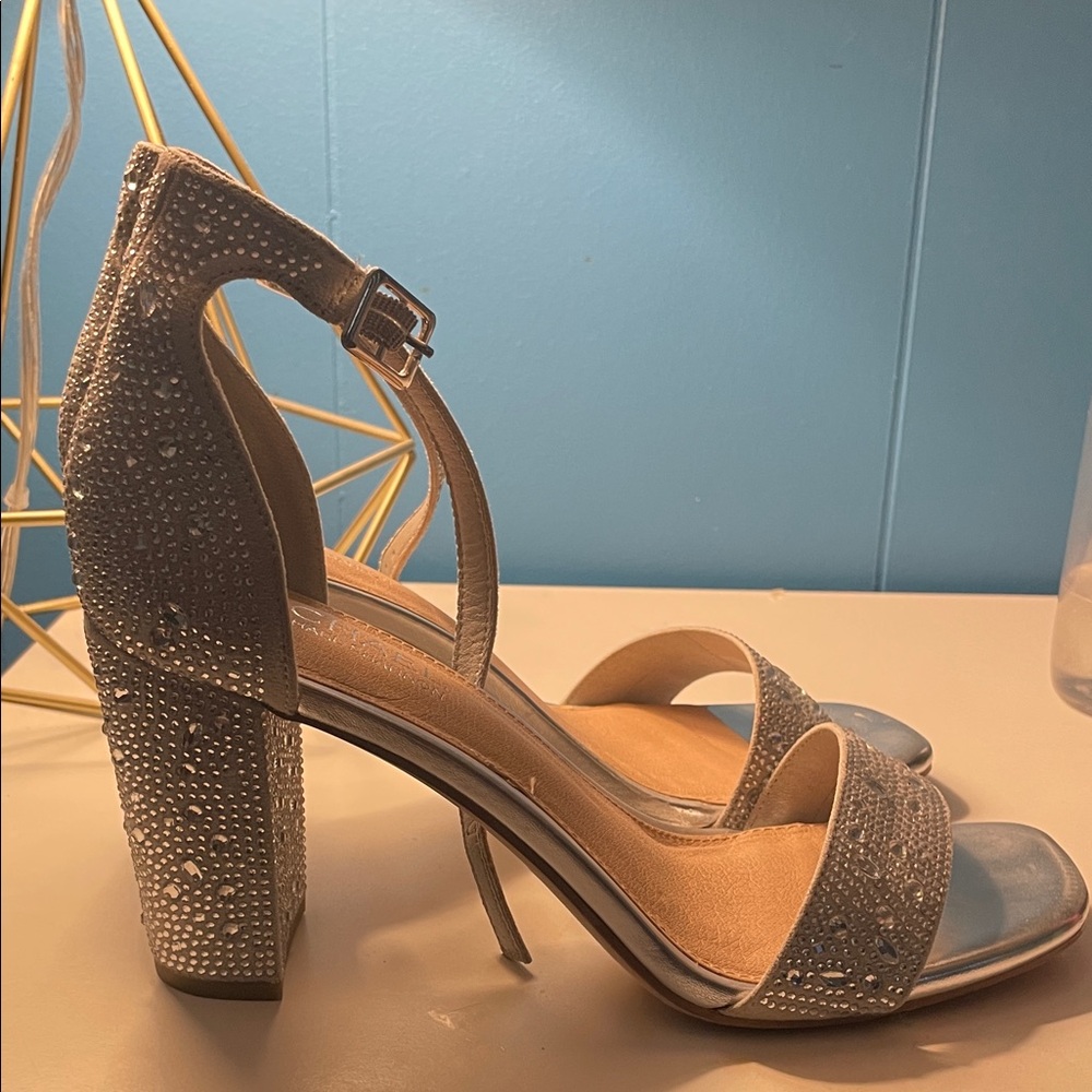 Michael Shannon Silver Crystal Block Heel Sandals